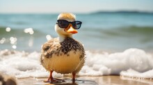 Summer Fun And Vacation At Sea. A Duck In Sunglasses Is Resting On The Sea. Generative AI