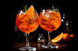 Two glasses of ice cold cocktail served with orange slice on black background. Generative AI