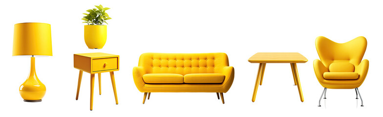 collection of yellow modern furniture items including a sofa, chair, planter, table, lamp isolated o