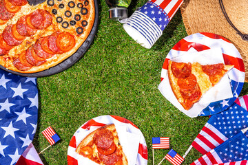 Sticker - july 4th holiday party pizza, Fourth of July, Patriotic Independence day festive and picnic food. Pepperoni, tomato and black olive pizza with lot of mozzarella, in form of American flag