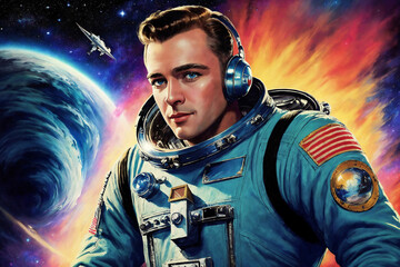spaceman on background of stars and universe, space theme in the retro futurism style of the 60s. ge