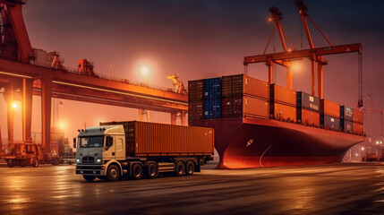 Wall Mural - Container truck in ship port for business Logistics and transportation of Container Cargo ship and Cargo plane with working crane bridge in shipyard at sunrise, logistic import export Generative AI