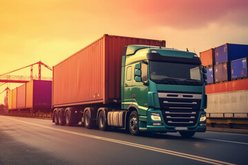 Poster - Semi Trailer Trucks Parked Loading at Dock Warehouse. Shipping Cargo Container Delivery Trucks. Loading Distribution Warehouse. Freight Trucks Cargo Transport. Warehouse Logistics. Generative AI