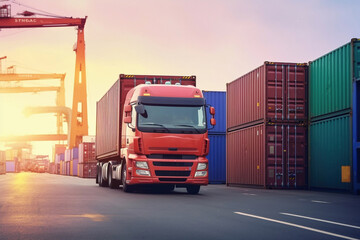 Wall Mural - Semi Trailer Trucks Parked Loading at Dock Warehouse. Shipping Cargo Container Delivery Trucks. Loading Distribution Warehouse. Freight Trucks Cargo Transport. Warehouse Logistics. Generative AI