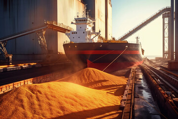 Poster - Loading grain into holds of sea cargo vessel in seaport from silos of grain storage. Bunkering of dry cargo ship with grain. Aerial top view Generative AI