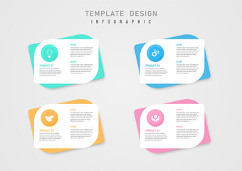 infographic template business simple pastel multi color squares Left button with center icon Letters on white background design for product, project, marketing, finance, investment.