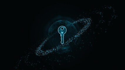 Wall Mural - motion graphic of blue security key logo with particle ring circle rotation and earth with ai techno