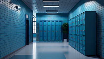 Wall Mural - Blue Room with school lockers, Changing room elementary school, Security blue lockers, Changing room in school Generative AI