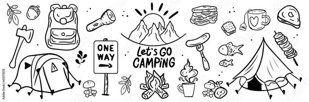 Hand drawn camping and hiking elements in doodle style isolated on ...