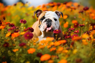 Floral Paradise: Adorable Bulldog Surrounded by Blooming Flowers