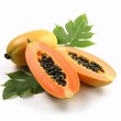 Ripe papaya with green leaves isolated on white background. AI generated.