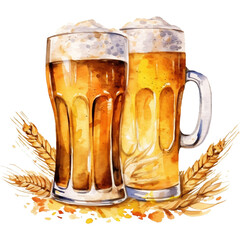 beer glass with wheat. hand drawn watercolor illustration ai generative