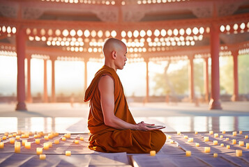 Tibetan monk prays in the temple. Generative AI.