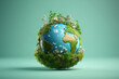 Planet earth surrounded by trees, plants and flowers isolated on flat green background, copy space. Creative earth day concept, ecological life, plastic free, 3d cartoon clay style. Generative AI