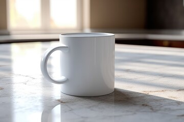 Wall Mural - A clean and simple composition of a white coffee mug placed on a marble countertop. Generative AI