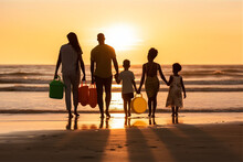 Black Family Walking On The Beach At Sunset