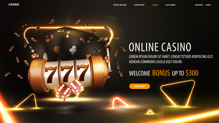 Online casino, welcome bonus, black banner with offer, casino slot machine, dice, black playing cards and gold neon ring in dark scene with gold neon triangles around
