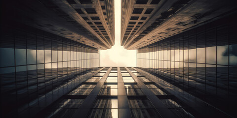 Wall Mural - View from below of modern corporate office buildings. Generative AI