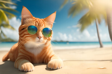 Wall Mural - Ginger cat with sunglasses on tropical beach. Generative AI
