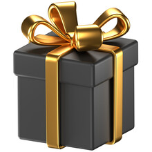 3d Icon Of A Black Gift Box With Gold Wrapping Ribbon