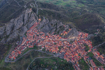 Wall Mural - Aerial view of Pietrapertosa village at dusk in Apennines Dolomiti Lucane, Basilicata, Italy