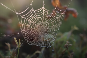 Morning spider web with dew drops. Water moisture on the delicate silk web. Spring closeup.