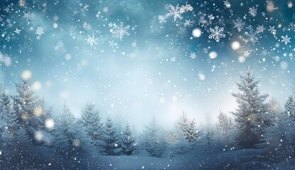Wall Mural - Blue winter snowy landscape with snowflakes and blue sky. Snow covered tree card. Copy space. Season, winter, Christmas. Generative AI.