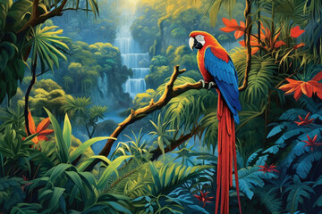 Illustration of a tropical rainforest with scarlet macaw