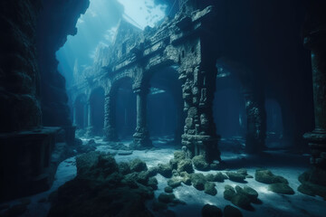 Wall Mural - Underwater ocean ruins. Lost City of Atlantis. Crumbling deep sea diving exploration.