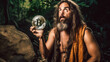 A comical depiction of a caveman holding cryptocurrency, sporting a perplexed expression, juxtaposing ancient times with modern finance