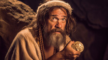 A Comical Depiction Of A Caveman Holding Cryptocurrency, Sporting A Perplexed Expression, Juxtaposing Ancient Times With Modern Finance