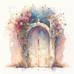 Wall Mural - Fairy Tale Door, Magical Elvish Doorway, Watercolor. Generative ai illustration