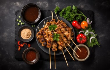 Kebabs - grilled meat skewers, shish kebab with vegetables on black wooden background. Created with Generative AI technology.