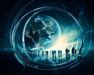blue futuristic background with planet. illustration of spheric globe. generative ai.