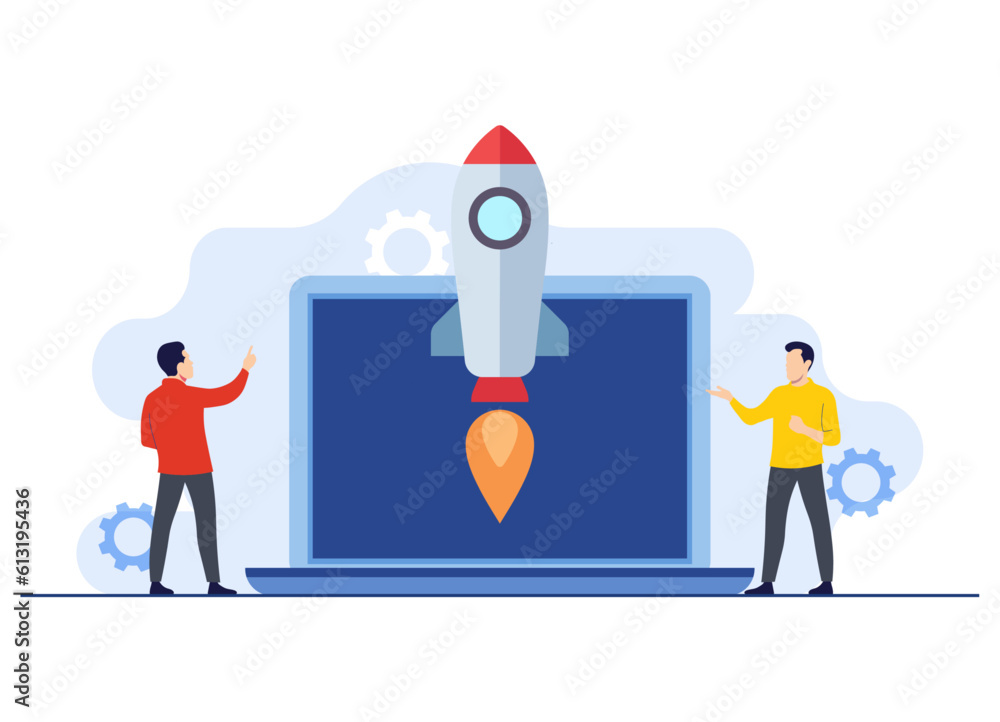 Startup rocket launch by business people or employees, Success of new ...