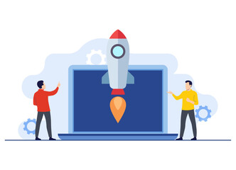 startup rocket launch by business people or employees, success of new project, entrepreneurship, new
