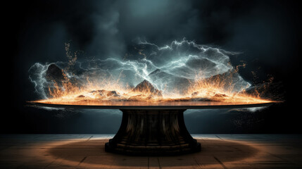 Wall Mural -  Fantasy product backdrop mockup background. Wooden table podium to show off your product / item. Electrical energy and lightning in the background with waves of energy forming on the table.