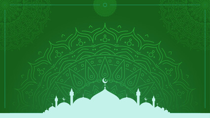 Simple green Islamic background design with mosque silhouette and mandala ornaments vector
