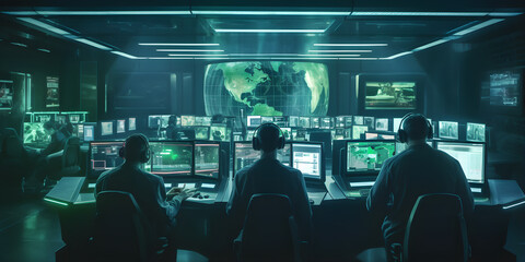 A team of cybersecurity experts in a control room, analyzing data on multiple screens. Generative ai.