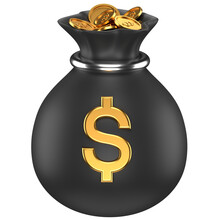 3d Icon Of A Black Coin Sack With Golden Dollar Sign And Gold Coins