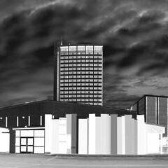 Wall Mural - Monochrome cityscape at night. Black and white abstract geometry of modern urban buildings emphasizing light and shadow.
