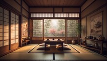 Traditional Japanese Tea Room Interior With Tatami Mats. 3d Rendering