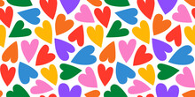 Colorful Rainbow Love Heart Seamless Pattern. Wallpaper Illustration With Diverse Hearts, Gay Pride Background Print. Valentine's Day Holiday Backdrop Texture, Diversity Group Design.	