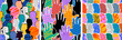 © Dedraw Studio - Colorful diverse people crowd abstract art seamless pattern set. Multi-ethnic community, big cultural diversity group background illustration collection in modern collage painting style.
