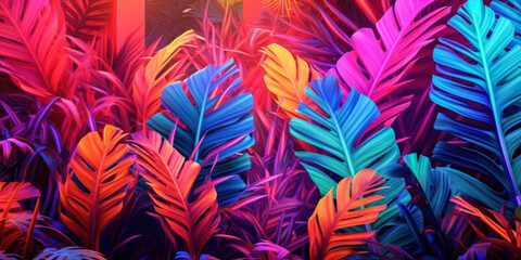 Wall Mural - Tropical Paradise: Vibrant Leaves and Foliage in Creative Fluorescent Color Layout. Generative AI.