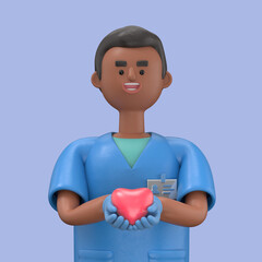 3D illustration of Male Doctor King holding a red heart at hospital office. Medical health care and doctor staff service concept.Medical presentation clip art isolated on blue background
