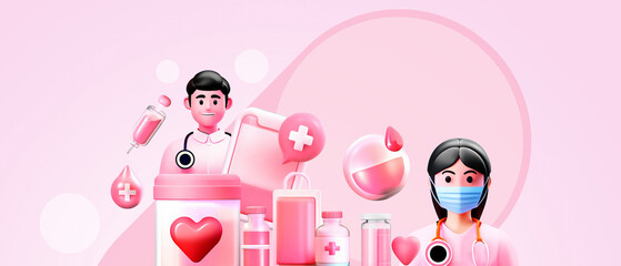 Hospital with medical personnel and blood donation concept with saving mandate and compassion for others in purple background. doctor, nurse, patient, sacrifice, hero, 3d rendering