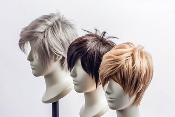 Wall Mural - Hair wig over the plastic mannequin head isolated over the white background, mockup featuring contemporary men hairstyles, Generative AI illustration