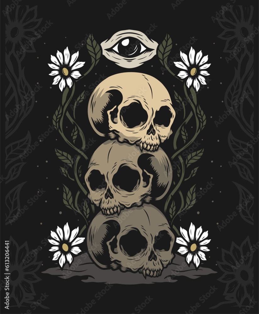 Skull head with flowers hand drawn illustration vector design Stock ...