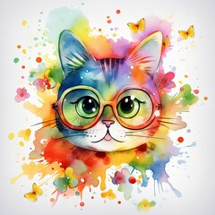  Cute watercolor cat in rainbow paint playing with a butterfly. Colorful cat with sunglasses on white background. Created with generative ai